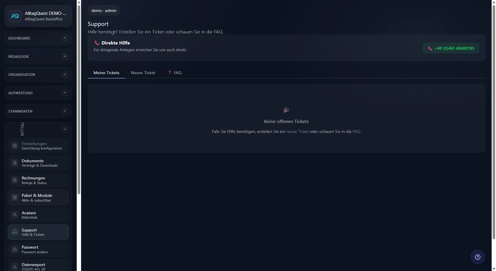 Support-Bereich mit Ticket-System und direkter Hilfe
